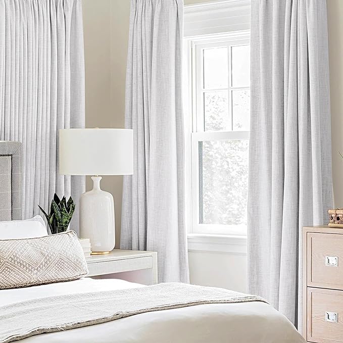 MIULEE 100% Blackout Linen Curtains for Bedroom 52x84 Inches Grayish White | Room Darkening, Light Blocking, Thermal Insulated, Grommet Top, Linen Textured, Window Curtains for Living Room, 2 Panels