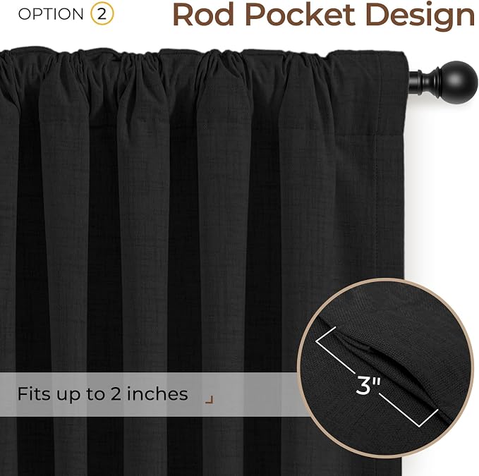 INOVADAY 100% Blackout Linen Curtains for Bedroom 50x102 Inches Black | Linen Textured, Light Blocking, Room Darkening, Thermal Insulated, Back Tab Top, Window Curtains for Living Room, 2 Panels