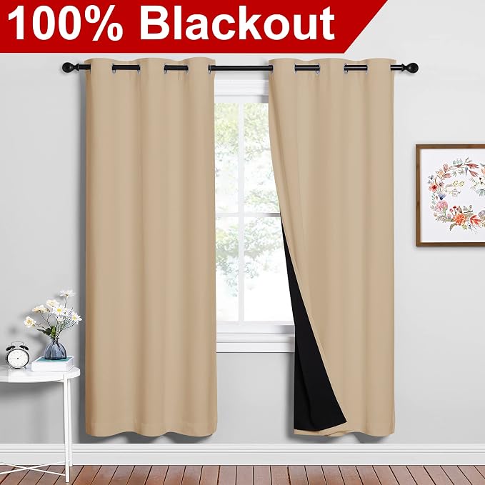 NICETOWN Living Room Completely Shaded Draperies, Privacy Protection & Noise Reducing Ring Top Drapes, Black Lined Insulated Window Treatment Curtain Panels(Biscotti Beige, 2 Pieces, W42 x L72)