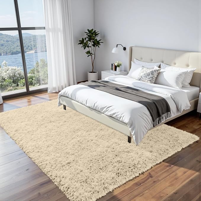 6x9 Fluffy Shag Area Rugs for Living Room Bedroom: Soft Plush Carpet Beige | Upgraded Non-Slip Thick Memory Foam, Ultra Soft, Non-Shedding Fuzzy Carpet, Easy Clean Decor for Kids Room, Nursery, Playroom