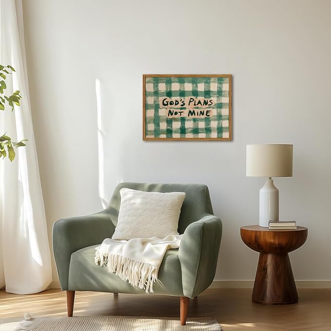 Framed God's Plans Not Mine Canvas Wall Art, Inspirational Faith Quote Pictures Wall Decor, Green Gingham Paintings Prints Christian Home Decor for Living Room Bedroom Dorm Office 12x16 inch