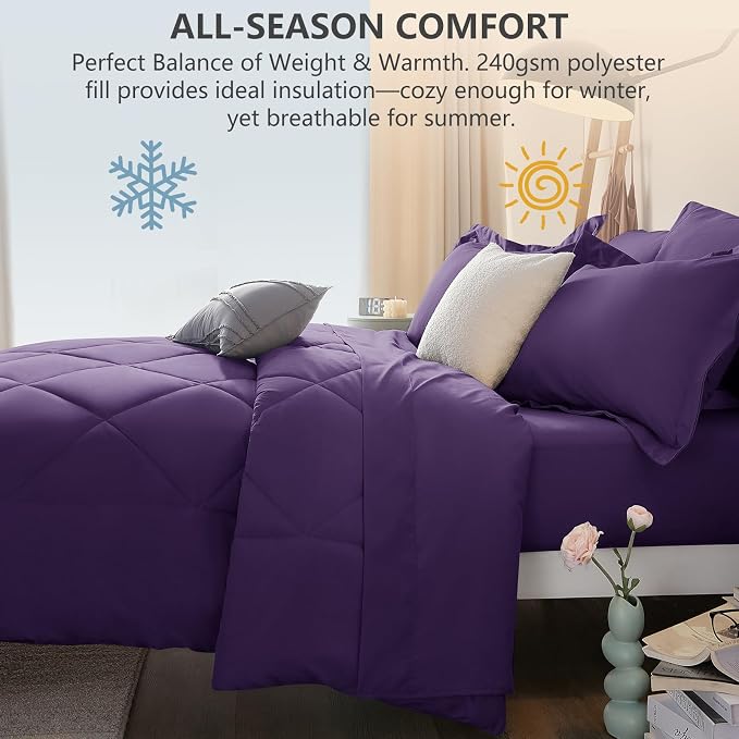 Queen Comforter Set with Sheets Purple - 7 Pieces Bed in a Bag | OEKO-TEX Certified, All Season, 240GSM Down-Alternative Comforter, Sheets, Pillowcases & Shams, 14" Deep Pocket, Easy Care
