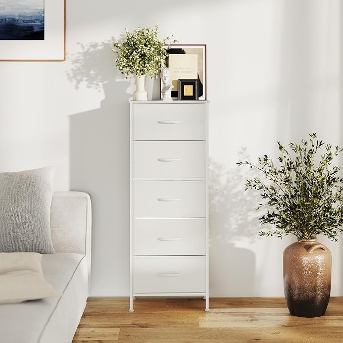 DUMOS Nightstand with 5 Drawers Bedside Table with Removable Fabric Bins Sturdy Steel Frame Wood Top Organizer Furniture for Bedroom Closet Living Room, White