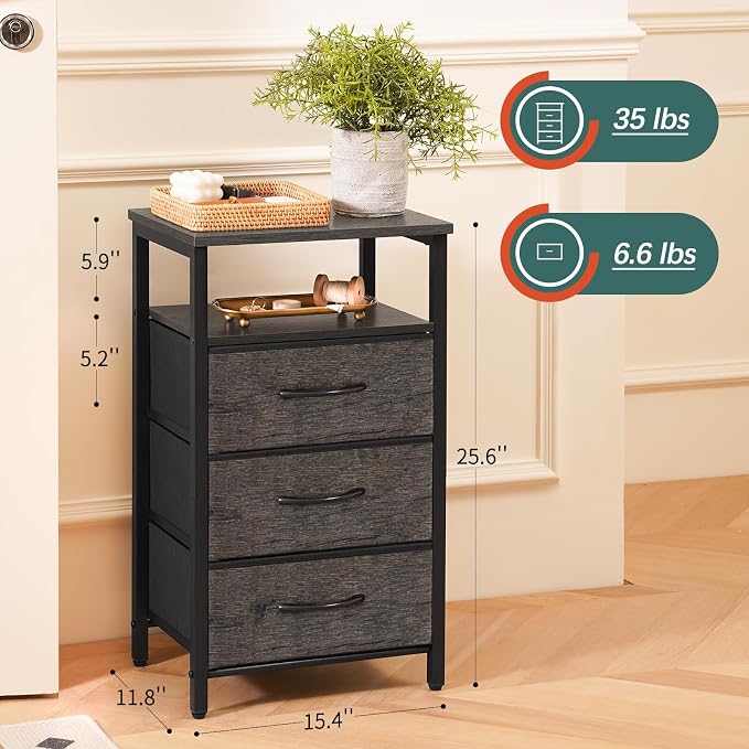 Yoobure Night Stand with Charging Station, 3 Fabric Drawers Nightstand, Bedside Tables with Storage Shelf, End Table with 16 Colors LED, Small Dresser for Small Space, Gray | 16 Colors Bedside Table with 3 Fabric Drawers & Storage Shelf, End Table with...