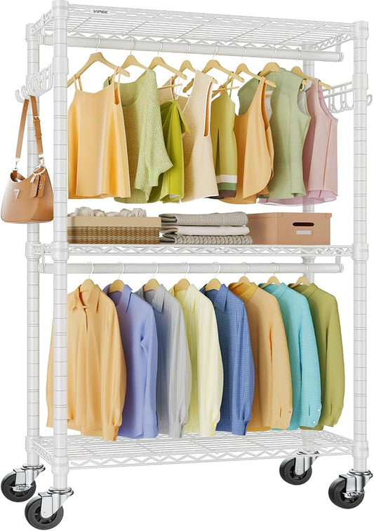 VIPEK R2 Clothing Rack for Hanging Clothes Rolling Clothes Rack Heavy Duty | Lockable Silent Wheels, Double Hanging Rods, Adjustable Wire Shelving/Side Hooks, 580lbs Space-Saving for Apartments, White