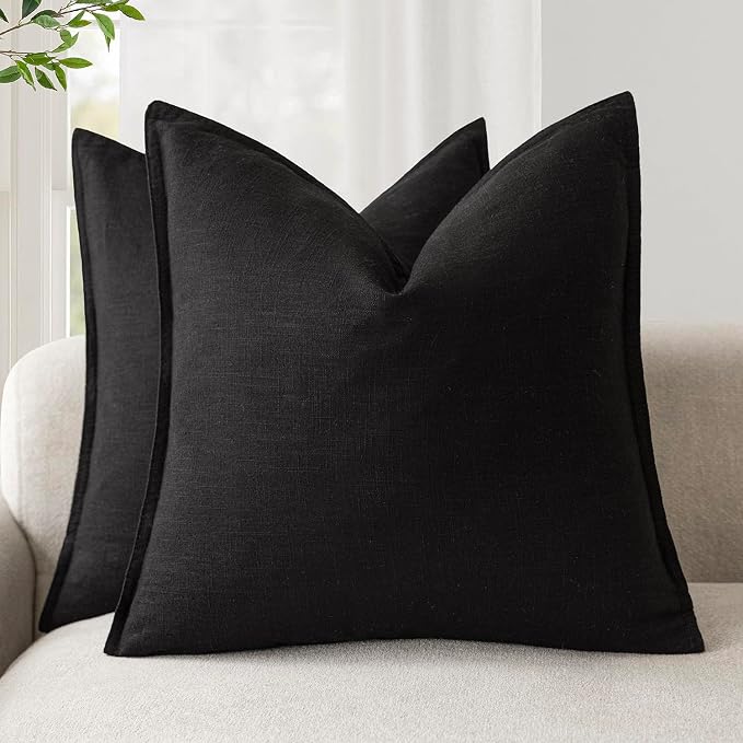 Foindtower Linen Solid Decorative Throw Pillow Covers 24x24 Inch Black | Boho Farmhouse Morden Pillowcase,Pack of 2 Soft Accent Cushion Covers,Rustic Home Decor for Chair Couch Bedroom Living Room