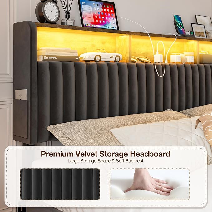 IKIFLY Velvet King Size Storage Headboard Only, Adjustable Height, Black | Upholstered Head Board with LED Lights & Charging Station, Easy Assembly, Modern Freestanding Headboard, Attach Frame