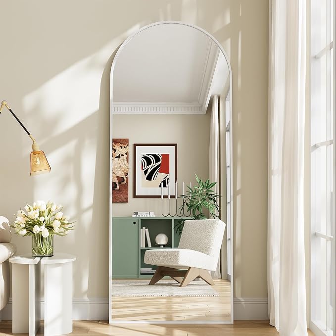 Mirror Full Length, 26"x71" Large Arched Floor Full Length Mirror with Stand, Room Decor Big Full Body Floor Mirror with HD Tempered Glass Aluminum Frame for Bedroom Living Room, White