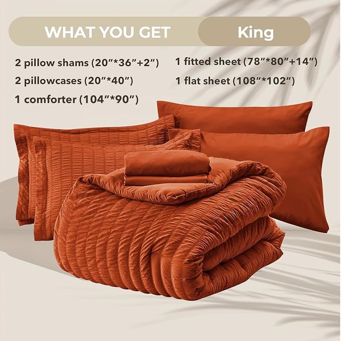 HYMOKEGE Burnt Orange King Size Comforter Set Seersucker 7 Pieces, All Season Luxury Bed in a Bag for Bedroom, Bedding Set with Comforters, Sheets, Pillowcases & Shams