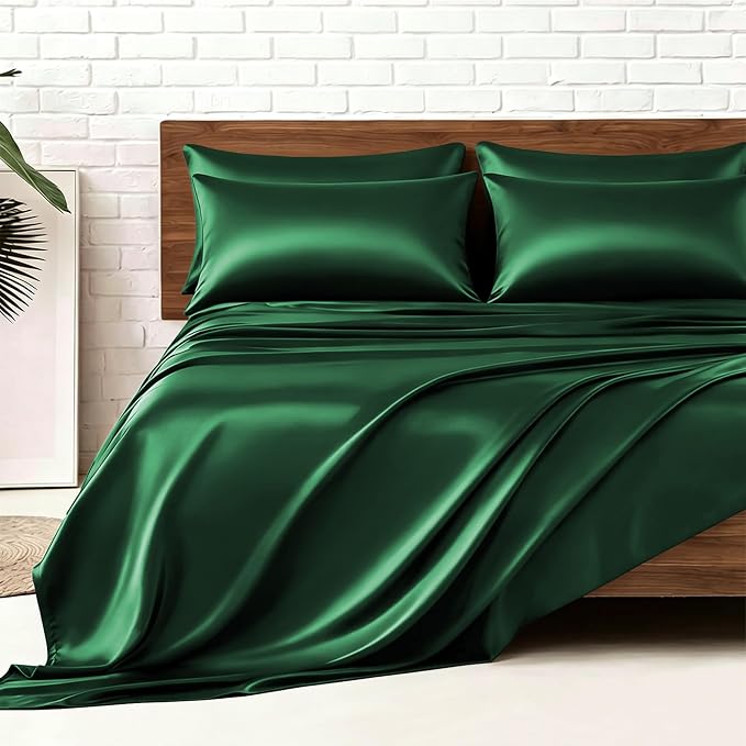MR&HM Satin Sheets King Size with Elastic Corner Straps, Dark Green | Similar to Silk, 6-Piece Silky Soft Bed Sheet Set, Gentle on Skin and Hair, 15" Deep Pocket, Cooling & Breathable