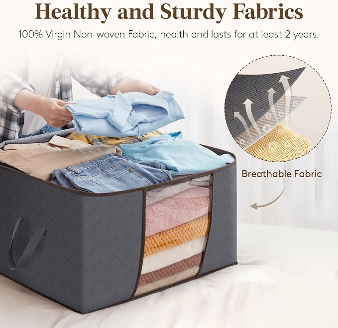 Lifewit 3 Pack 90L Clothes Storage Bins with Lids, Foldable Blanket Storage Bags with Zippers, Clear Window and Reinforced Handles, Closet and Organization for Clothing, Sweater, Comforter, Bedding