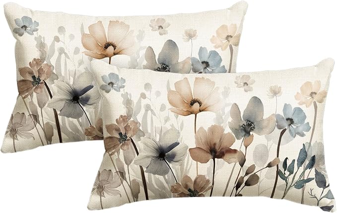AVOIN colorlife Poppy Flowers Chinoiserie Pillow Covers 12x20 Inch Set of 2 | Seasonal Fall Leaves Cushion Case Decoration for Sofa Couch