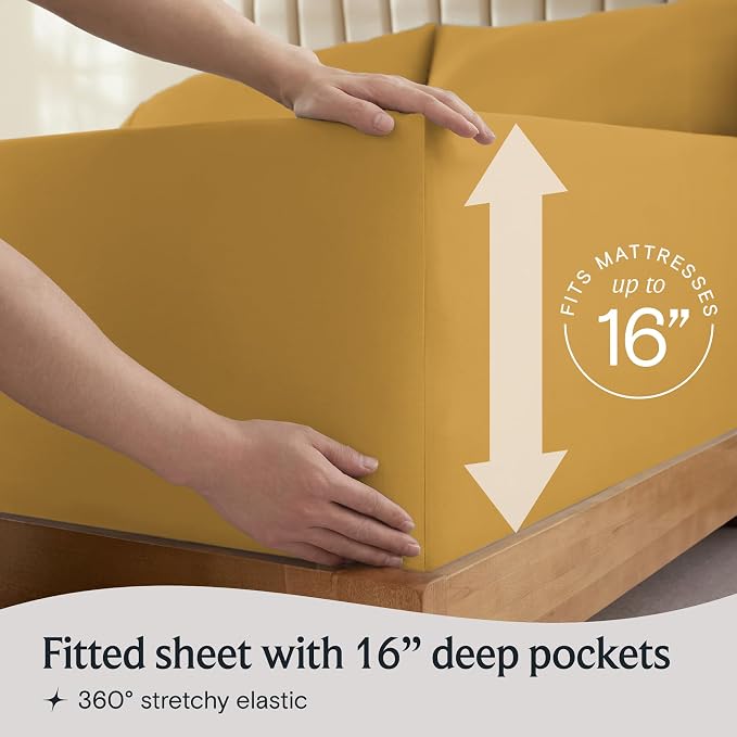 LuxClub 4 PC Queen Sheet Set, Deep Pockets Wrinkle Free Cooling Bed Sheets Hotel Bedding for Women, Men, Includes 1 Fitted Sheet, 1 Flat Sheet and 2 Pillowcases-Soft Medallion Gold | LuxClub Silky Fitted Sheet & Pillowcase Sets, Breathable Hotel Luxury...