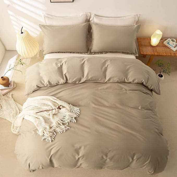 OAITE Duvet Cover Set 100% Washed Cotton Solid 3pcs | Soft,Durable,Long-staple Cotton,Hidden Zipper with 8 Interior Corner Ties,2 Pillowcases,68"X90"