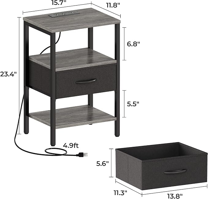 SUPERJARE Nightstand with Charging Station, Bed Side Table with Adjustable Fabric Drawer, Night Stand for Bedroom, 3-Tier Storage End Table, for Living Room, Charcoal Gray | Night Stand for Bedroom, with Adjustable Fabric Drawer, 3-Tier Storage End Tab...