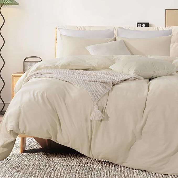 NEXHOME PRO Duvet Cover Set 100% Washed Cotton Full Size Linen Feel Textured Organic Natural 3 Pieces Bedding Set with Zipper Closure and Corner Ties, Breathable(Cream Grey, No Comforter)