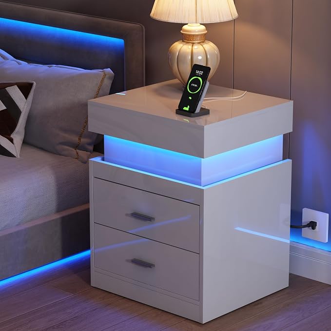 ChooChoo LED Nightstand with Charging Station and Sliding Storage | Sliding Top Storage, 2-Drawers, High Gloss Bedside Table, Modern End Table, Bedroom, White