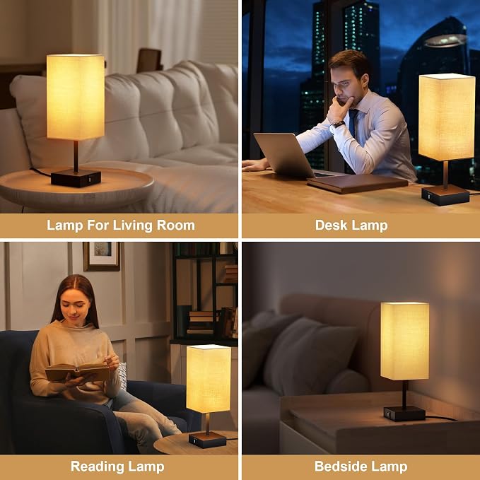 Touch Bedside Table Lamp for Bedroom, 14-Inch, Beige, Set of 2 | USB A+C Ports, Touch 3-Way Dimmable LED Bulb Included Fabric Lampshade Metal Base Small Nightstand Lamp for Desk Living Room