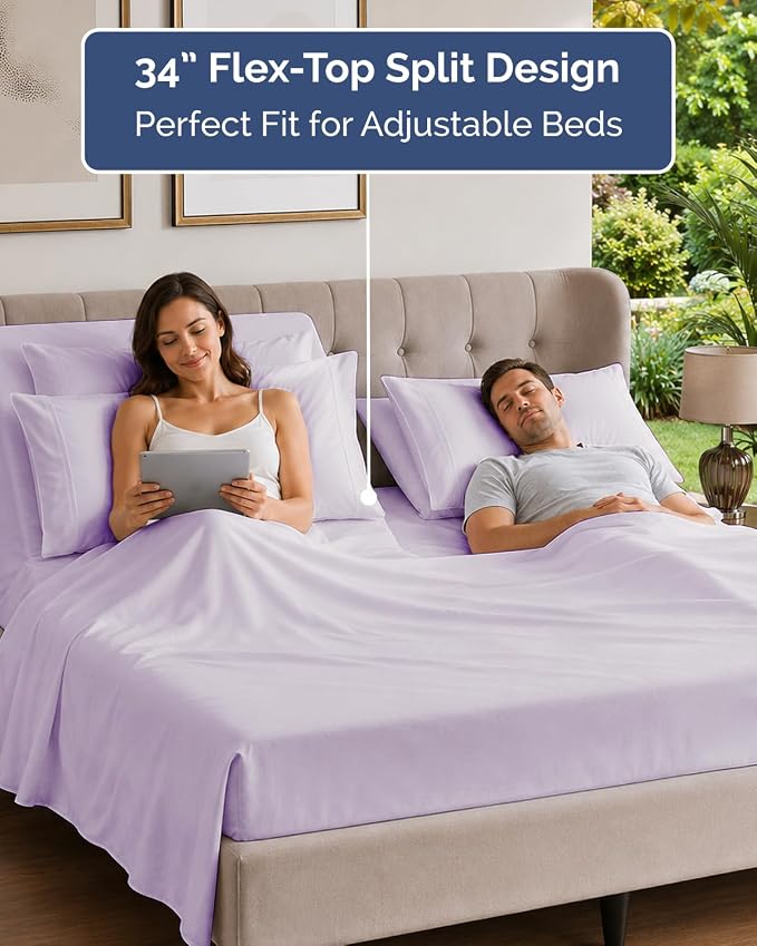 Flex Top Split Head King 6 Piece Sheet Set - Cooling - Light Lavender | Ultra Soft Hotel Luxury Bedding Set w/ 8-16 Inch Deep Pockets, 1 Flat & 1 Split-Head Fitted Sheet & 4 Pillowcases, Fade Free