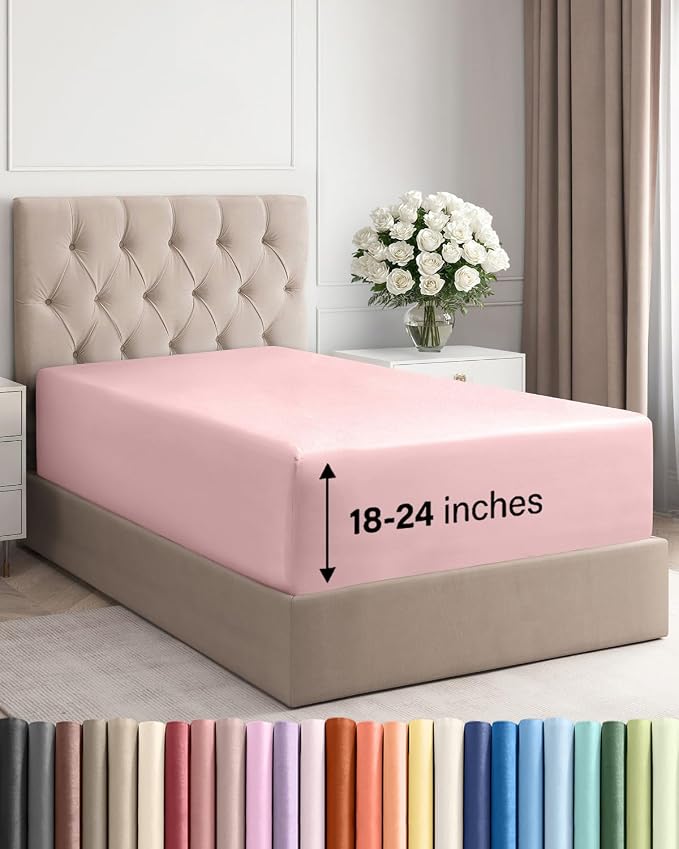 Deep Twin XL Fitted Sheet - College Dorm Room Essentials - Baby Pink | Easily Fits 18 inch to 24 inch Mattress, Wrinkle Resistant, Soft, Breathable & Comfy, Extra Deep Pockets Fitted Sheet
