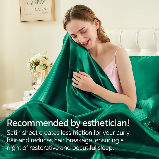 BEDELITE Satin Sheets Queen Size Bed Set, Dark Green, 4 Pieces | Luxury Silky Bed Sheets, 15 Inch Deep Pocket, Similar to Silk, Soft and Cooling, Reduces Friction, Gentle on Hair and Skin