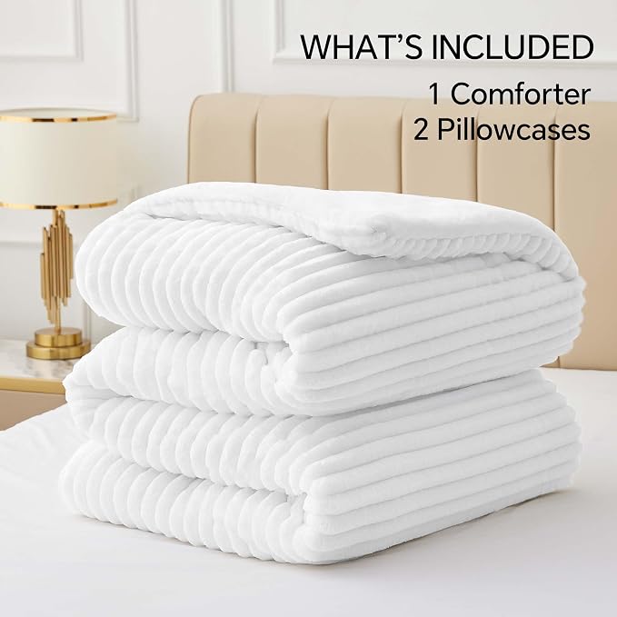 BEDELITE Fleece Full Comforter Set, Fluffy Bed Set, Bright White | Super Soft & Warm Bedding, Luxury Fuzzy Faux Fur Comforter for Winter, Heavy Plush Bedding, with 2 Pillowcases