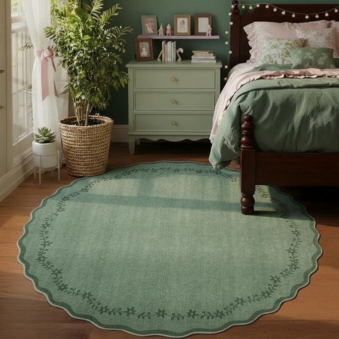 GarveeHome Large Round Rug 8ft Scalloped Washable Circle Living Room Rug | Soft Solid Green Non Slip Floral Print Floor Mat Carpet Indoor Thin Area Rug for Bedroom Dining Room Playroom Nursery
