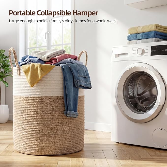 OIAHOMY 60L Nursery Hamper Laundry Basket Laundry Hamper Brown/White | collapsible Blanket Basket Cotton Rope Woven Basket Dirty Clothes Hamper Baby Hamper Tall Clothes Hamper with Handles