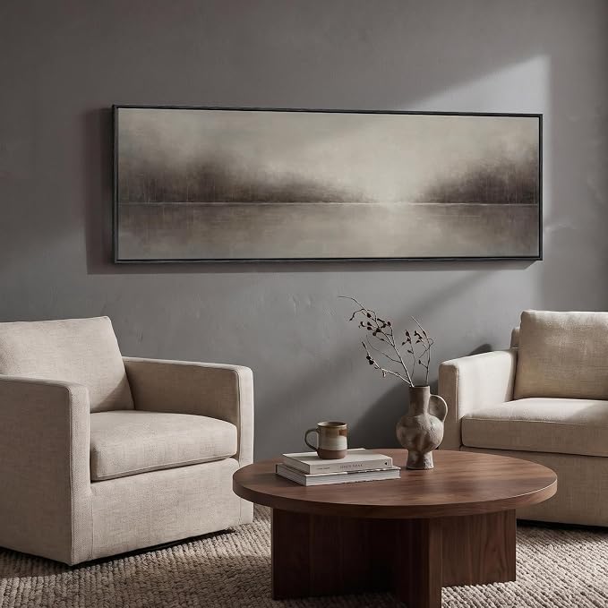 Large Framed Moody Abstract Landscape Wall Art for Living Room, 60x20 In | Rustic lake picture, Canvas prints, Horizontal long artwork, Neutral painting, Wood frame, Wall decor for bedroom dining room