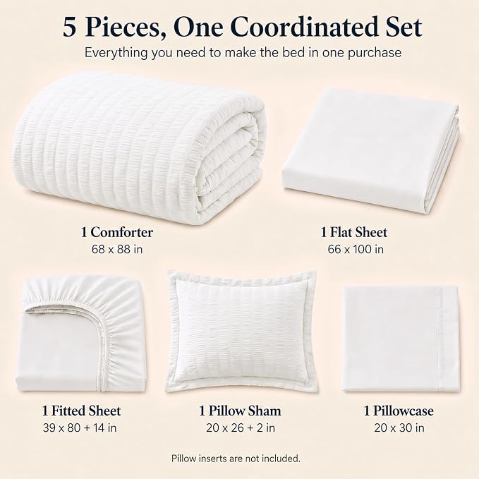 Twin XL Comforter Set, 5 Pieces White Seersucker Bed in a Bag | OEKO-TEX Certified, College Dorm Twin Extra Long, 240 GSM Down Alternative Comforter, Flat & Fitted Sheets, Pillowcase & Sham