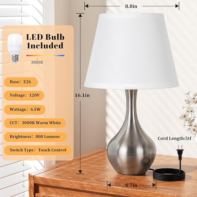 16.1" Touch Table Lamp for Nightstand, 3 Way Dimmable Small Bedroom Lamp | Touch Control, Bulb Included, Silver Bedside Lamps for Desk, Night Stands, Living Room, End Table, Corded