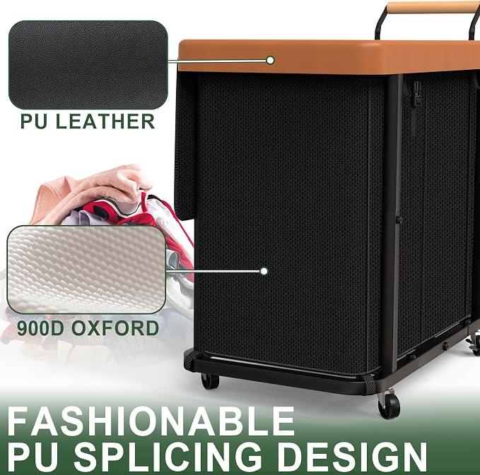 Laundry Hamper 3 Section with Lid,230L Rolling Dirty Clothes Hamper Black | Laundry Basket with Wheels,Laundry Organizer Storage Cart with Sturdy Metal Frame and Wooden Handle for Laundry Room, Hotel