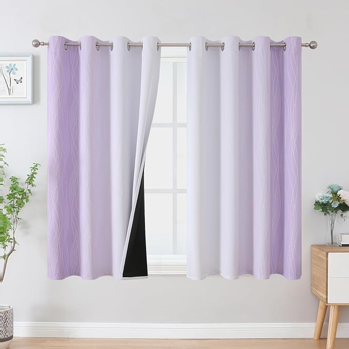Lilac and Greyish White Ombre Blackout Curtains for Bedroom 45 Inch Long | Estelar Textiler Room Darkening Gradient Living Room Curtains,Thermal Insulated,Light Blocking Grommet Drapes,52x45,2 Panels