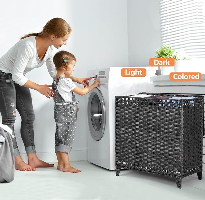 Laundry Hamper with 3 Removable Liner Bags, 132L Laundry Sorter with Lid | Raised Feet; Side Carry Handles; Handwoven PP Rattan; Rust-Resistant Iron Frame; Decorative Woven Design