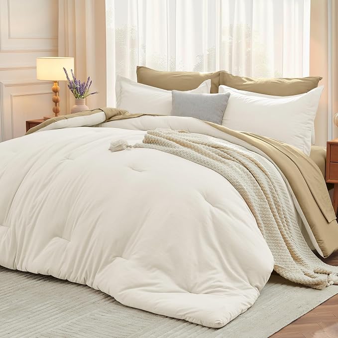7 Pieces King Comforter Set, Soft Bed in a Bag King Size, All Season Bedding Set with Comforter, Flat Sheet, Fitted Sheet, Pillowcases & Shams, Ivory & Khaki