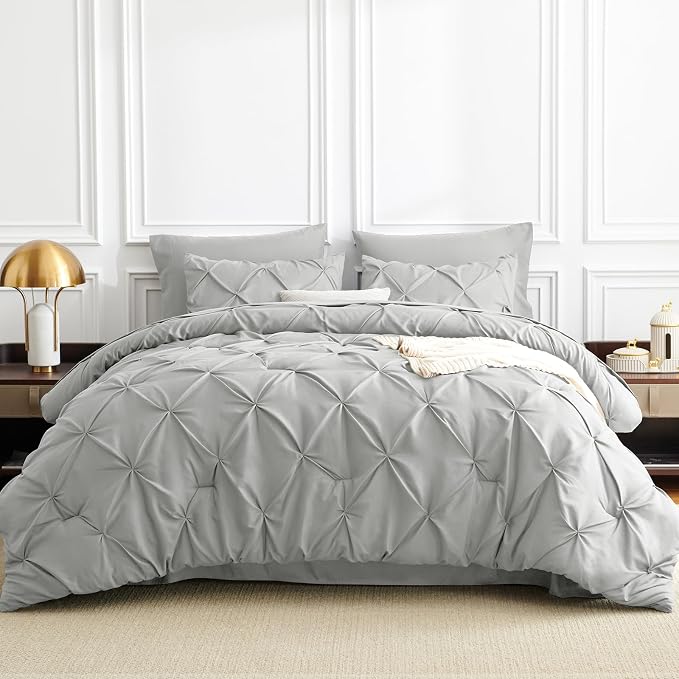 Queen Comforter Set Light Grey, 7 Pieces Pintuck Bed in a Bag | OEKO-TEX 100 Certified, 240GSM All Season, Bedroom, Guest Room, Down-Alternative Comforter, Sheets, Pillowcases & Shams