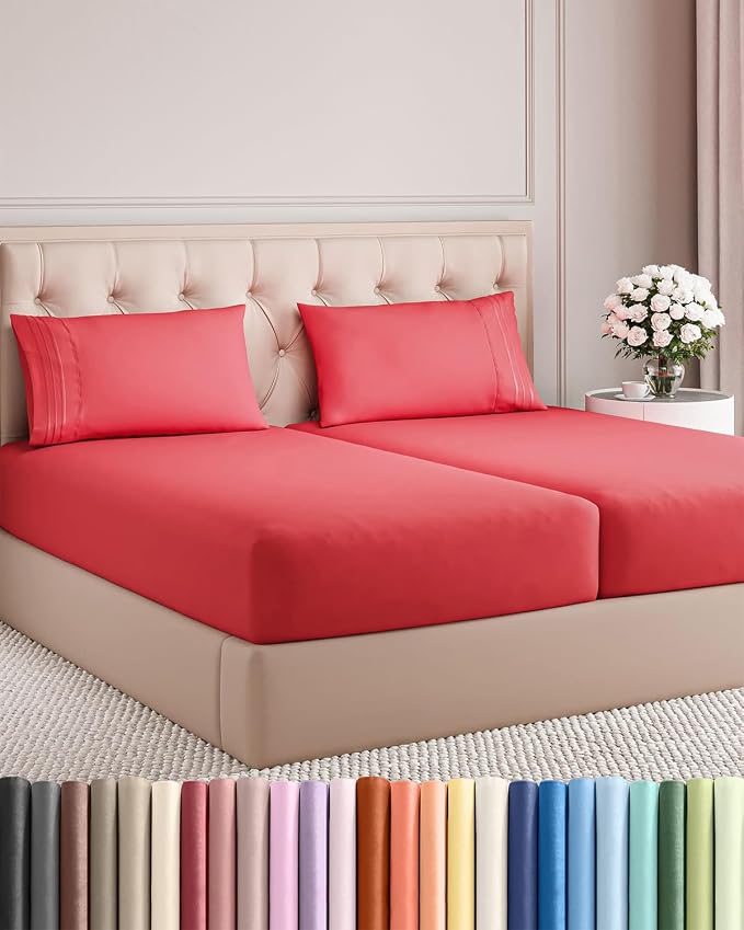 Split King Size 5 Piece Sheet Set - Comfy Breathable & Cooling Sheets - Red | Hotel Luxury Bed Sheets for Women & Men, Deep Pockets, Easy-Fit, Comfy, Soft and Wrinkle Free Sheets, Oeko-Tex Bed Sheet Set