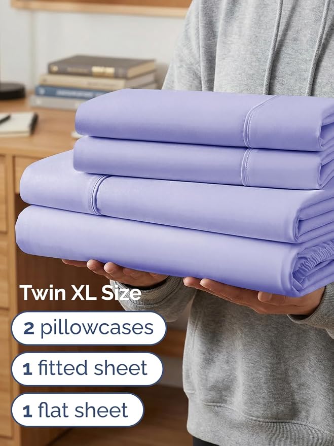 Extra Deep Twin XL Sheet Set - 4 Piece College Dorm Room - Lavender | College Dorm Room Essentials, Easy & Secure Fit, Ultra-Soft, Wrinkle & Fade Free, Comfy Sheets Set with Extra Deep Pockets