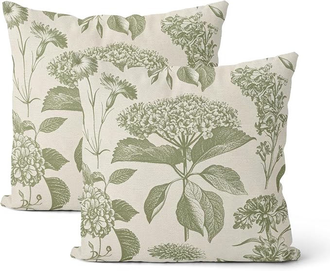 Sage Green Pillow Covers 24x24 Inch 2 Pcs Boho Vintage Floral Decor Throw Pillows Hydrangea Flower Seasonal Outdoor Farmhouse Neutral Accent Decoration Pillowcase Linen Cushion Cover for Sofa