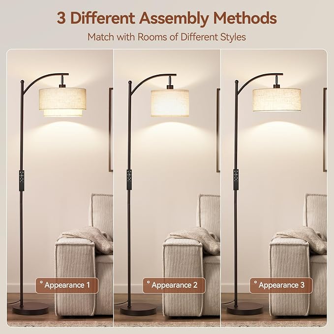 SUNMORY Arc Floor Lamps for Living Room with 12W Remote and Dimmable Bulb | Modern Floor Lamps with Adjustable Double Fabric Shades Shades, LED Lamp, Boho Standing Lamp for Bedroom, Corner, Home Decor