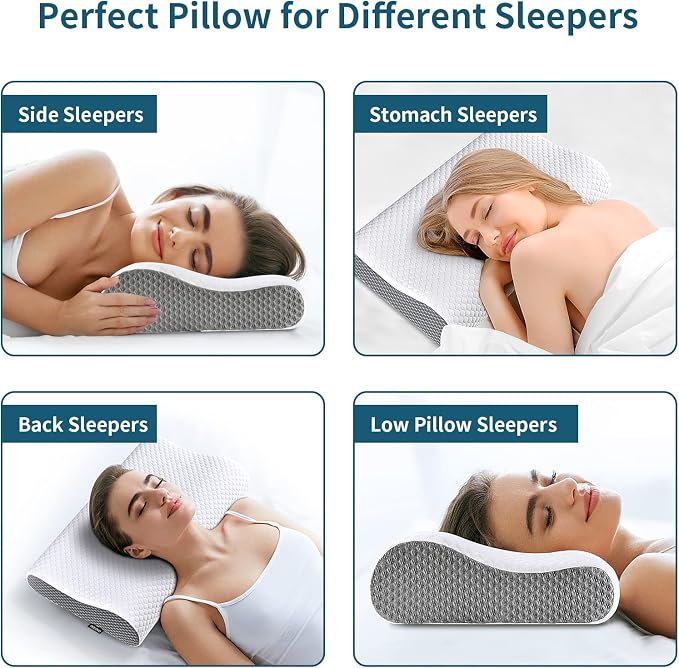 Neck Pillow Memory Foam for Pain Relief Bed Pillow for Sleeping, Ergonomic Orthopedic Cervical for Neck and Shoulder Pain, Side Back Stomach Sleeper(White&Grey)