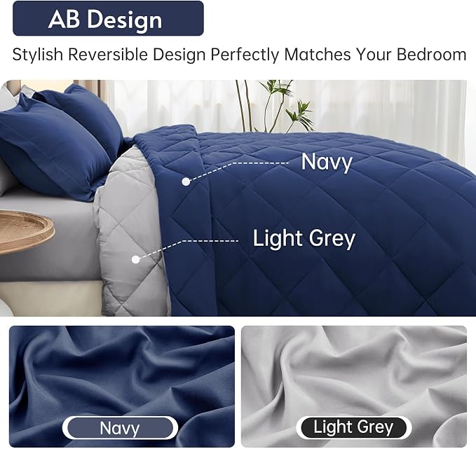 7 Pieces Oversized King Comforter Set, Reversible Bed in a Bag Oversized King Size, All Season Bedding Set with Comforter, Flat Sheet, Fitted Sheet, Pillowcases & Shams, Navy & Light Grey