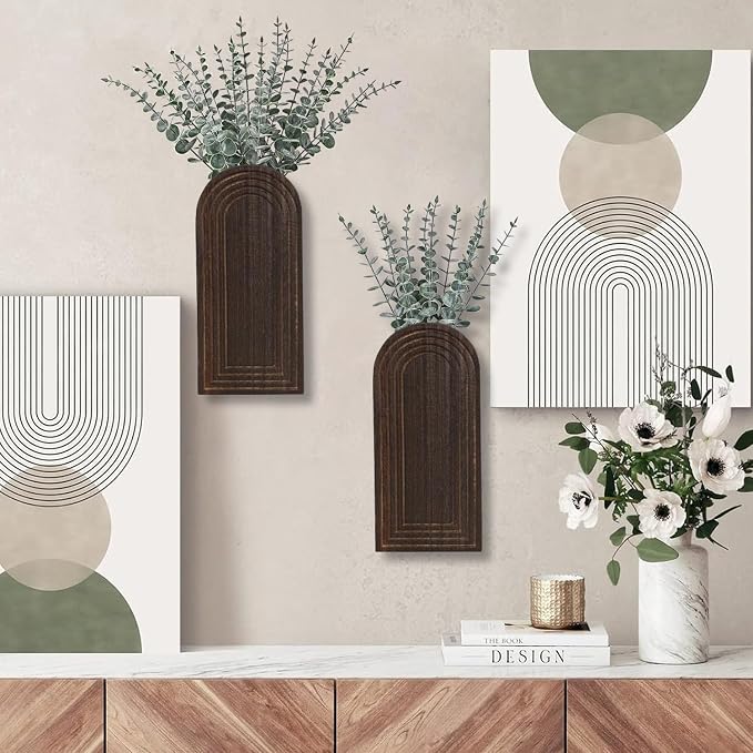 Dnnnii 2 Pack Wooden Wall Vase Set - Dark Brown Finish Modern Farmhouse & Boho Wall Decor for Entryway, Hallway, Bathroom, Living Room, Dining Room, Narrow Spaces