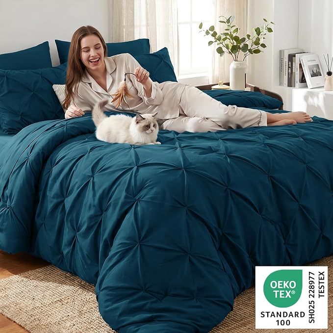 Queen Comforter Set Lyons Blue, 7 Pieces Pintuck Bed in a Bag | OEKO-TEX 100 Certified, 240GSM All Season, Bedroom, Guest Room, Down-Alternative Comforter, Sheets, Pillowcases & Shams