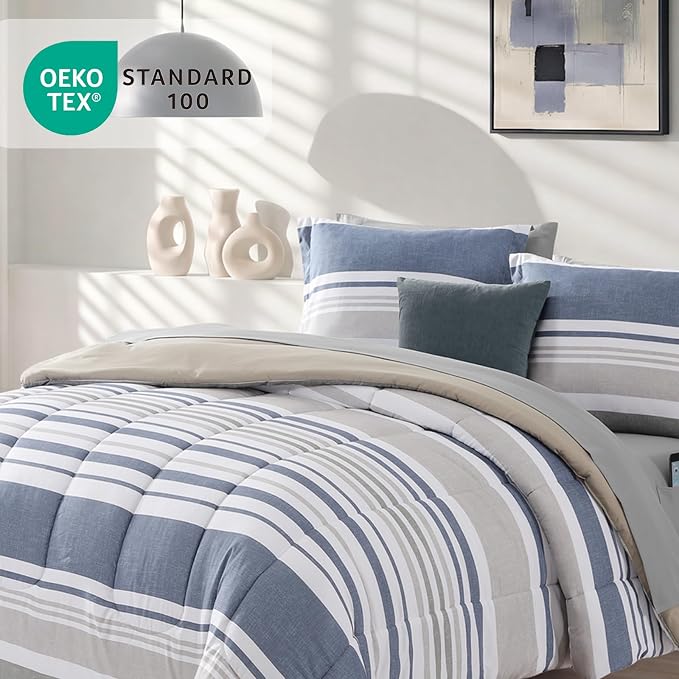 Monbix Queen Comforter Set-7 Pieces Striped Bed in a Bag Queen Bedding Sets | All Season Ocean Blue Reversible Soft Comforter Bed Set with Sheets, Pillowcases & Shams