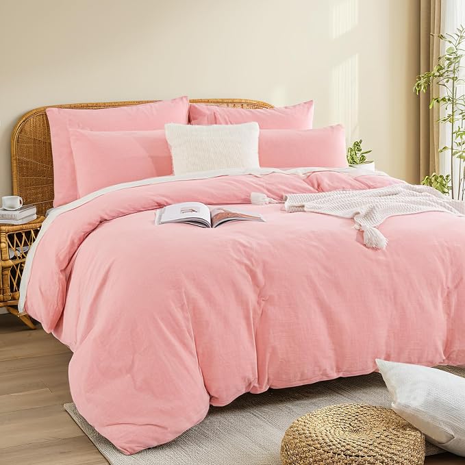 NEXHOME PRO Duvet Cover Twin 100% Washed Cotton, Organic Natural Linen Like Textured, Breathable, Durable, Home Bedding Set, Heathered Pink 6890