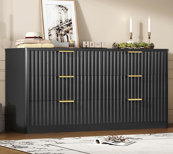 Fluted 6 Drawer Dresser for Bedroom, Wide Modern Chest of Drawers with Metal Handle, Curved Profile Design, Wood Closet Clothes Storage Organizer for Bedroom, Living Room, Hallway, Black