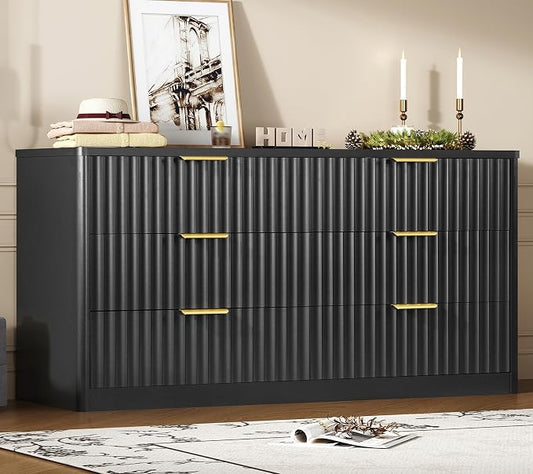 Fluted 6 Drawer Dresser for Bedroom, Wide Modern Chest of Drawers with Metal Handle, Curved Profile Design, Wood Closet Clothes Storage Organizer for Bedroom, Living Room, Hallway, Black