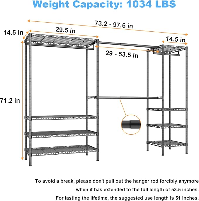 Ulif E11 Heavy-Duty Garment Rack, Metal Clothes Rack, Load 1034lbs, Black | Freestanding Expandable Closet Storage Organizer System with 8 Shelves and 4 Hanger Rods, (73.2-97.6)"W x 14.5"D x 71.2"H