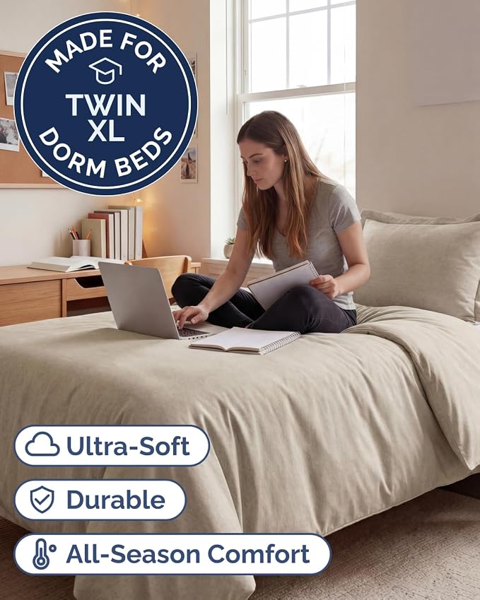 Duvet Cover Twin/Twin XL - 2 Piece w/Zipper Closure - Heathered Beige | Extra Soft, Breathable, Twin/Twin XL Duvet Cover 68" x 90" w/ 1 Pillow Sham, Zipper Closures & Ties, Women, Men, Kids & Teens